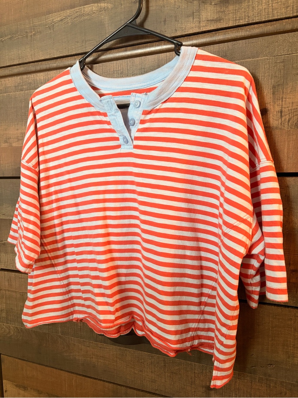 aerie Coral and White Striped Short-Sleeve Henley Tee